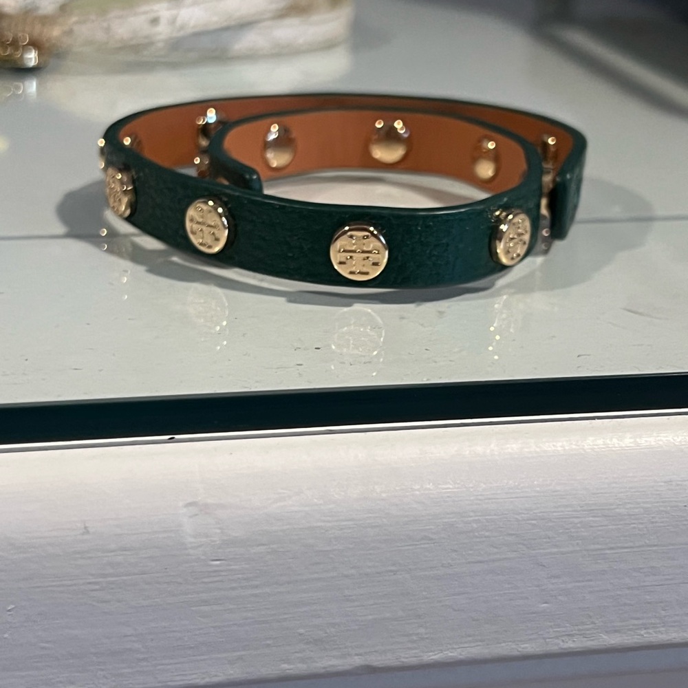 Tory Burch Dark Green Leather Wrap Bracelet with Gold Studs